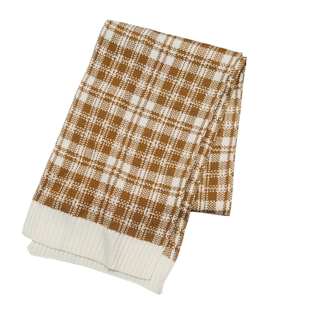 Timberland Mustard Yellow Cream Plaid Knit Scarf Ribbed Hem Winter Accessory